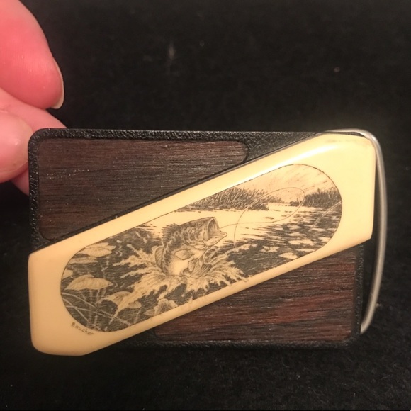 Rare GERBER Touché Knife Belt Buckle Bass Fish Scrimshaw ivory Brown Stainless - Picture 4 of 9